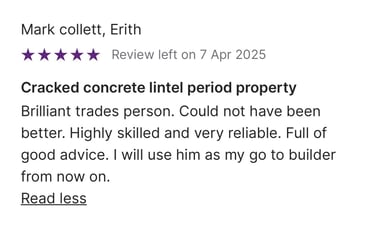 Five-star customer review for a builder repairing a cracked concrete lintel in a period property.