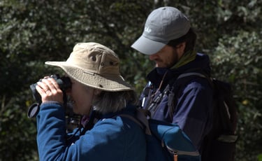 A birdwatcher wearing a hat looks through binoculars while Chiapas birding guide Valente takes notes