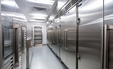 A commercial kitchen featuring rows of stainless steel refrigerators and freezers.