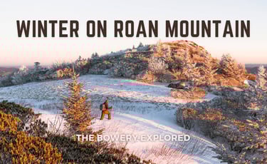 A hiker trekking through snow on Roan Mountain during a scenic winter sunrise in the Appalachian Mountains.