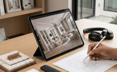 Interior designer using a digital tablet and floor plan for global virtual curation services.