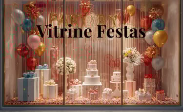 Imagem representando o clima de alegria e criatividade da vitrine de festas, com elementos de decora