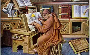 Scribe working on a manuscript, surrounded by his research material