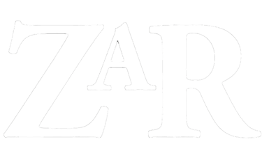 a white and black logo with the word ZAR