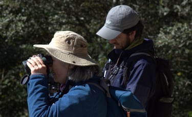 A birdwatcher wearing a hat looks through binoculars while Chiapas birding guide Valente takes notes
