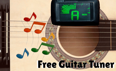  guitar tuner displayed on an acoustic guitar with colorful musical notes.