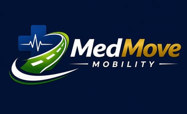 MedMove Mobility logo featuring a medical cross with a heartbeat line and a winding green road icon.