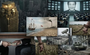 Koliažas rodantis galios koncentranciją, korupciją, vergovę, kolonializmą, karą, aplinkos degrad...