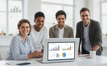 A group of young professional colleagues sitting and standing around a table, collaborating and looking at a laptop screen together in a bright office environment.