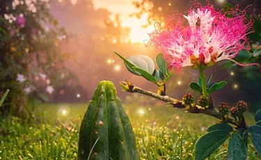 Vibrant pink mimosa flower and green seedling in a magical garden at sunrise with bokeh lights.