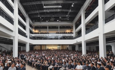 A lively crowd enjoying a music concert under colorful stage lights.