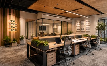 Modern open plan office interior with wood desks, ergonomic chairs, and a glass-walled conference room.