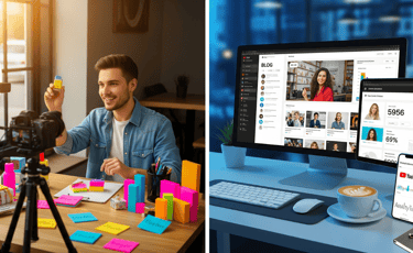A split-screen showing content creation and a digital marketing dashboard on the other side.