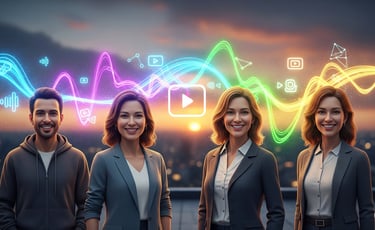 AI avatars for video creation with vibrant digital lights and city skyline.