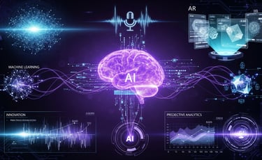 A collage with an AI brain at the center, surrounded by machine learning, voice, and AR tech icons.