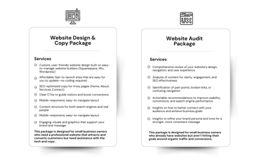 Image of website packages. One is a website design and copy package. The other is website audit.