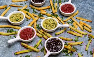 Sustainable plant-based sauces displayed in small white dishes with potato chips surrounding