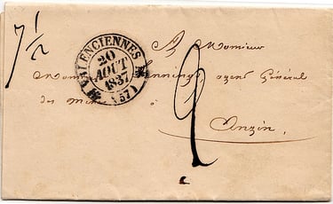 1837: Lettre en port dû de VALENCIENNES pour ANZIN pesant 7,5g, et taxée à 2 décimes