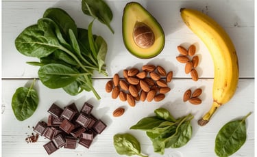 Flat lay of healthy magnesium-rich foods including spinach, avocado, almonds, banana, and dark chocolate.