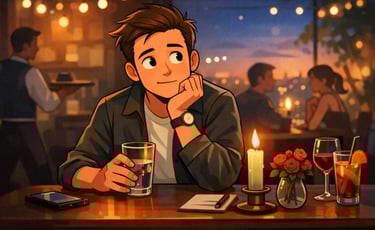 Nervös väntande man med skymning i bakgrunden