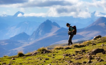 Wandelaar in de Pyreneeën met uitzicht over bergen nabij Foix, natuur rondom gîte Parmi les Nuages