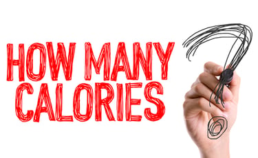 A hand drawing a question mark next to red text asking how many calories for weight loss tracking.