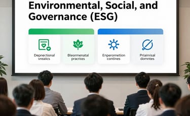 Professional audience watching a corporate presentation on Environmental, Social, and Governance (ESG) principles.