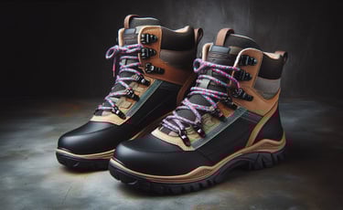 black and tan hiking boots with purple laces