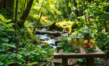 A variety of native plants with medicinal properties, sunlight filtering through the trees.