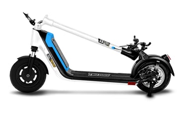 a scooter with a blue and white scooter