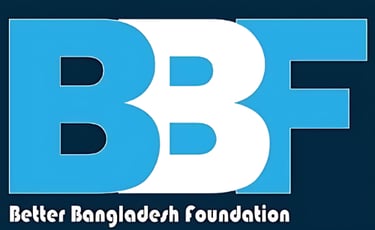 Better Bangladesh Foundation logo with blue and white BBF initials on a dark background.