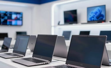 A row of sleek, modern, refurbished laptops displayed in a bright, tech-forward retail showroom in Amroha. The lighting is clean and professional with deep blue and white accents in the background, reflecting a high-performance South Asian business environment.