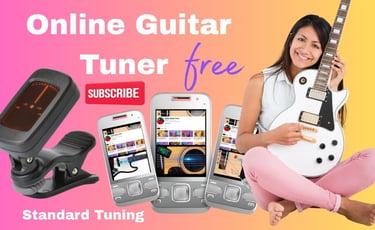 A woman holding an electric guitar next to an online guitar tuner app on multiple smartphones.