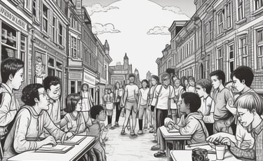 a group of people sitting at tables in a city