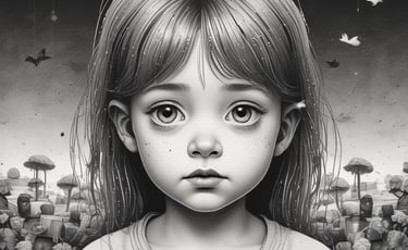 a black and white photo of a girl with a bird on her head