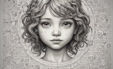 a girl with a big smile on her face and a drawing of a girl with