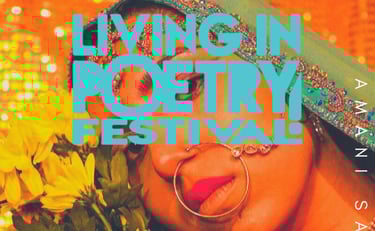 a woman with blue embroidered fabric draped over her head, a large ring in her nose, holding flowers