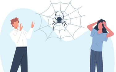 zwei Personen haben Angst vor einer Spinne zwischen ihnen. Bild im Comicstyle.