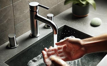 Eine Person wäscht Hände am Waschbecken.