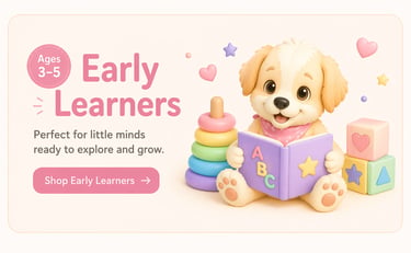 Cute puppy reading an ABC book next to colorful stacking rings and toy blocks for early learners.
