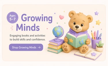 Cute 3D teddy bear reading a book with educational tools for kids ages 5-7 learning activities.