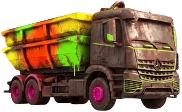 Camion de location avec  deux bennes de 8m3, style industriel et couleurs spray fluo.