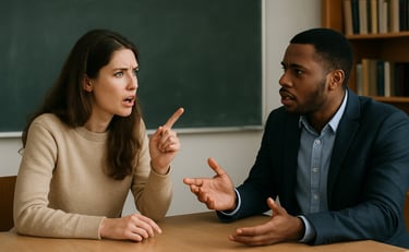 Two people having a focused conversation, illustrating techniques for mastering English