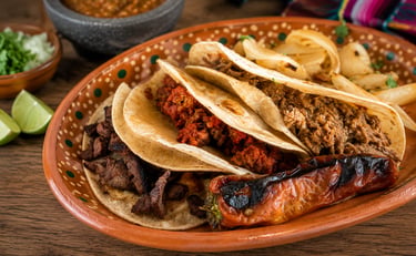 Tacos de barbacoa estilo Guadalajara, arrachera y chorizo.