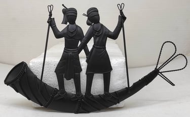 "Handcrafted iron tribal wall art with male and female figures on musical instrument-Fit for export"