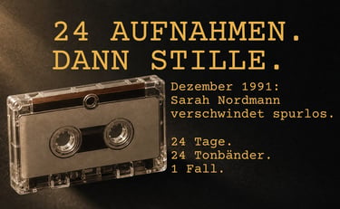 Vintage cassette tape next to German text about a 1991 missing person mystery case.