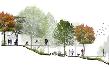 a group of people walking across a bridge