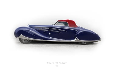 Bugatti Type 57 cabriolet car, chassis 57159, aerodynamics, speed, and flamboyant opulence, 1938