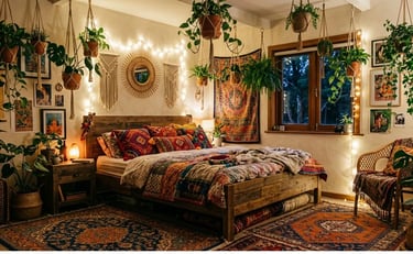 Bohemian bedroom with colorful decor, plants, and warm lighting ambiance