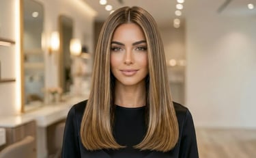 Sleek straight blowout hairstyle with ultra-smooth shiny finish and professional salon styling for a